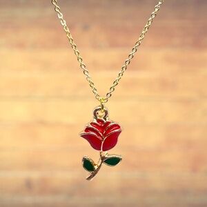 Indio Jewelry Red Enamel Gold Plated Rose Pendant Hypoallergenic Necklace #214